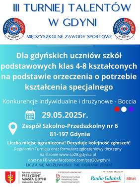 Pokaż zdjęcie: Plakat o niebieskiej kolorystyce zapowiada III Turniej Talentów w Gdyni – zawody boccia dla uczniów klas 4–8 z orzeczeniem o potrzebie kształcenia specjalnego. Odbędą się 29.05.2025 w ZSP nr 6. Hasło: „Liczą się możliwości, nie ograniczenia!”.