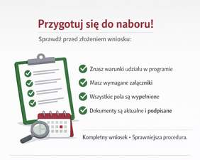 Pokaż zdjęcie: Minimalistyczna grafika przedstawiająca check listę przygotowania wniosku o dofinansowanie; na ilustracji widoczna jest lista punktów do sprawdzenia przed złożeniem dokumentów, utrzymana w stonowanej kolorystyce.