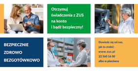 Pokaż zdjęcie: Grafika promująca kampanię ZUS „Bezpiecznie, zdrowo, bezgotówkowo”