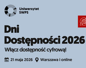 Pokaż zdjęcie: Plakat promujący wydarzenie „Dni Dostępności 2026” organizowane przez Uniwersytet SWPS. Po prawej stronie znajdują się kolorowe ikony związane z dostępnością napisy CC, oko, tekst, multimedia oraz kod QR z informacją o stronie www. Na dole widoczne są logotypy Funduszy Europejskich, Rzeczypospolitej Polskiej i Unii Europejskiej oraz informacja o współfinansowaniu projektu.