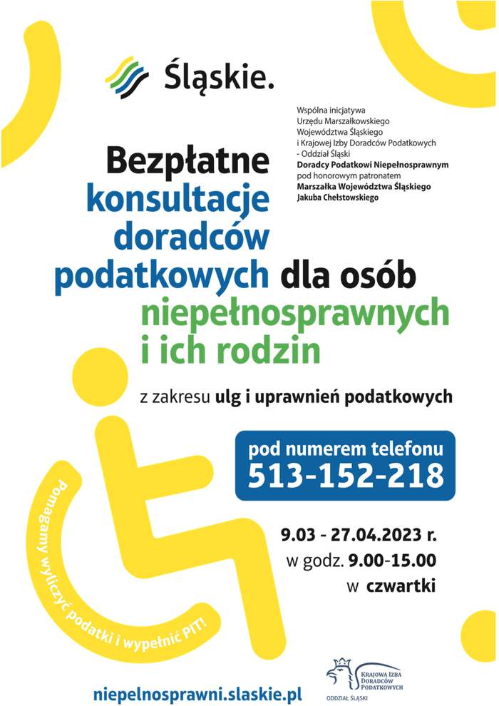 Pokaż zdjęcie: Grafika zawiera informacje tekstowe o akcji Doradcy Podatkowi Niepełnosprawnym. Tekst w kolorze czarnym, zielonym i niebieskim są na białym tle, w rogu z lewej strony jest przedstawiony znak osoby na wózku w kolorze żółtym.