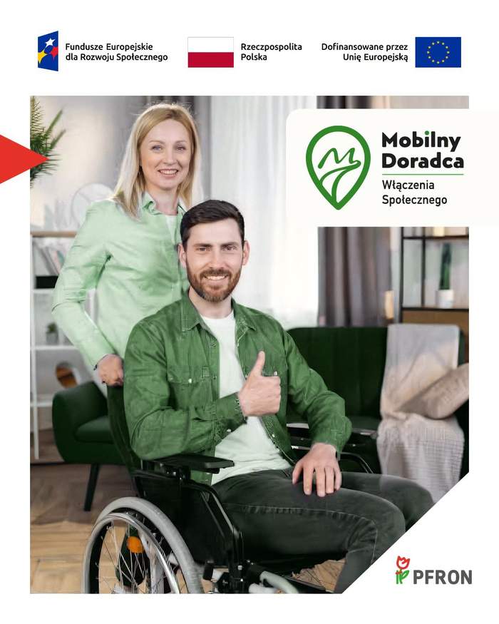Pokaż zdjęcie: Grafika przedstawiająca uśmiechniętego mężczyznę na wózku z kciukiem w górze, a za nim uśmięchnięta kobieta