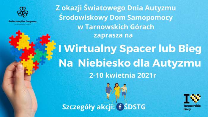 Pokaż zdjęcie: Na niebieskim tle białe napisy informujące o wydarzeniu szczegóły są zamieszczone w tekście, obok napisów widać kawałek ręki trzymającej serce złożone z kolorowych puzzli