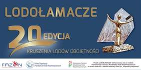 Pokaż zdjęcie: Logo Kampanii Lodołamacze 2025 z napisem „20 Edycja Kruszenia Lodów Obojętności”. Po prawej stronie statuetka Lodołamacza – postać z rozpostartymi ramionami na tle lodowej tafli. Na dole logotypy Fundacji FAZON, Polskiej Organizacji Pracodawców Osób Niepełnosprawnych i PFRON oraz informacja o dofinansowaniu projektu ze środków PFRON.