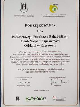 Podziękowania dla Oddziału w formie listu, z logo PSONI, Centrum DZWONI, PFRON