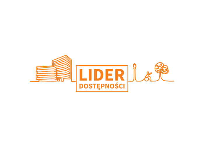 Logotyp z napisem lider dostępności. Z lewej strony napisu szkic dwóch budynków biurowych. Z prawej szkic kolumny, osoby na wózku i drzewa.