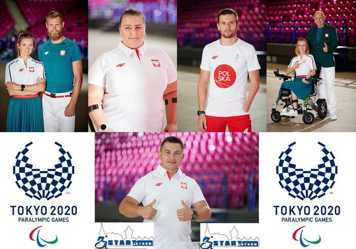 Pokaż zdjęcie: Kadra Tarnowskiego Zrzeszenia Sportowego Niepełnosprawnych „START” - 4 zawodników z niepełnosprawnościami oraz trenerzy. Kolarz zdjęć kadry w biało-zielonych strojach z kolekcji olimpijskiej oraz logotyp Tarnowskiego "Start" 