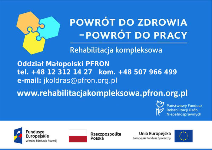 Pokaż zdjęcie: Niebieskie tło. Dane kontaktowe do Oddziału Małopolskiego PFRON. Pod białym tekstem logotypy projektu