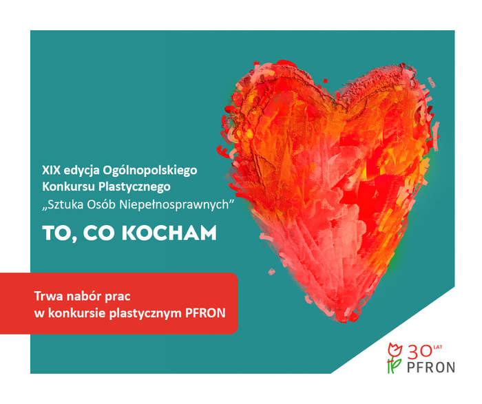 Logo konkursu "Sztuka Osób Niepełnosprawnych" w kształcie serca na jasnozielonym tle z napisem m.in. "To, co kocham"