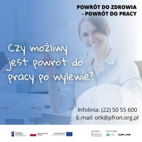 Pokaż zdjęcie: Grafika promują projekt "Kompleksowa Rehabilitacja" w kolorze gł. niebieskim, z białymi treściami, uśmiechnietą kobietą na wózku inwalidzkim