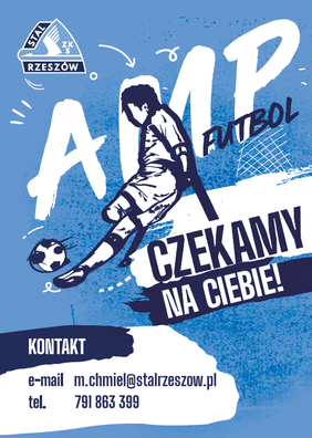 graficzne przedstawienie piłakarza drużyny amp futbolu Stali Rzeszów, obok niego napis czekamy na ciebie. Poniżej dane kontaktowe numer telefonu i adres email 