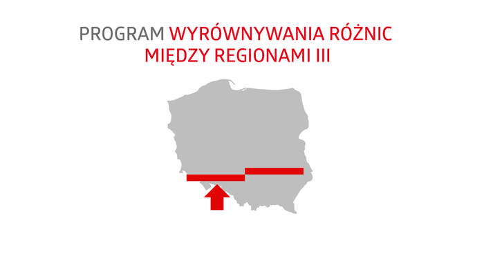 baner programu, kontur mapy Polski, dwa prostokąty, strzałka