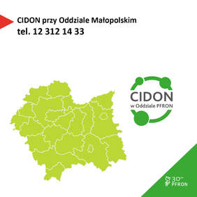 Grafika CIDON - na białym tle zielony kształt województwa małopolskiego, logotyp PFRON i logotyp CIDON. 