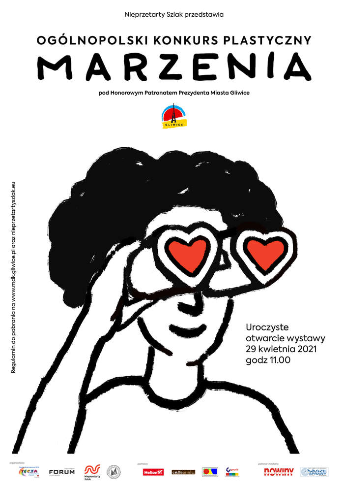 Pokaż zdjęcie: czarno-biały plakat napis ogólnopolski konkurs plastyczny Marzenia grafika przedstawiająca głowę z czarnymi włosami fragment twarzy i ramion w jednej ręce trzyma lornetkę ze szkłami w kształcie serca koloru czerwonego 