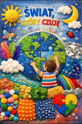Pokaż zdjęcie: Ilustracja przedstawia dziecko stojące tyłem i układające puzzle tworzące kulę ziemską. Wokół znajdują się elementy o różnych fakturach: słońce, księżyc, chmury, tęcza, biedronka oraz kolorowe materiały i kształty przypominające pracę sensoryczną.