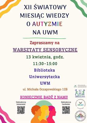 Pokaż zdjęcie: Plakat w jasnych barwach z informacją o wydarzeniu, ozdobnymi falami, grafiką kolorowych sylwetek ludzi na dole oraz kodami QR i logotypami po bokach.