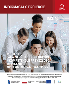 Pokaż zdjęcie: Na zdjęciu cztery osoby wspólnie korzystają z laptopa i tabletu, a w tle widoczne są graficzne elementy nawiązujące do nowych technologii i sztucznej inteligencji.