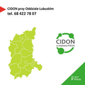 Pokaż zdjęcie: Grafika przedstawiająca województwo lubuskie wraz z logo programu CIDON i numerem kontaktowym telefonu