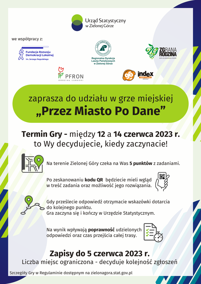 Pokaż zdjęcie: Loga różnych instytucji, w tym PFRON w Zielonej Górze, które włączyły się w Grę, a także wytłuszczony napis "Gra miejska - Przez Miasto Po Dane" 12-14 czerwca 2023 r.