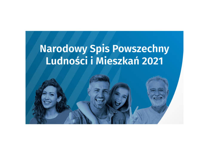Na górze napis: Narodowy Spis Powszechny Ludności i Mieszkań 2021. Pod nim ilustracja przedstawiająca uśmiechnięte osoby w różnym wieku: starszego mężczyznę, młodą kobietę, młodego mężczyznę i nastoletnią dziewczynę. 