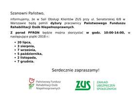 Pokaż zdjęcie: Plakat informujący o terminach dyżurów na którym znajduje się logo PFRON i ZUS