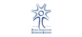Logo PTSR - grafika neurony w kolorach niebieskich, a pod spodem napis Polskie Towarzystwo Stwardnienia Rozsianego