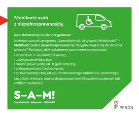 Pokaż zdjęcie: Grafika stanowi logo programu. Na zielonym tle zamieszczone są informacje dla osób, które chciałyby z niego skorzystać. Jest także ikona samochodu, w którym jest osoba na wózku inwalidzkim. 