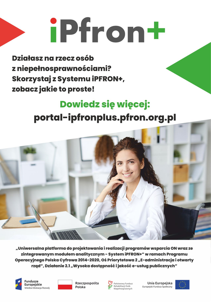 Pokaż zdjęcie: Grafika promująca ipfon+ wypełniona treścią, z Panią uśmiechniętą siedzącą na fotelu, w centralnym miejscu grafiki