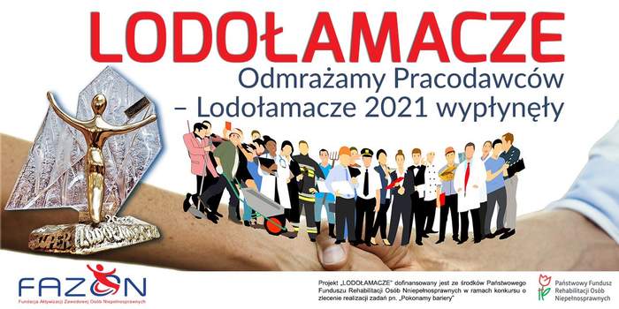 Pokaż zdjęcie: Na białym tle nazwa konkursu, z lewej strony statuetka lodołamacza poniżej fragment uściśniętych dłoni i grafika z przedstawicielami różnych zawodów