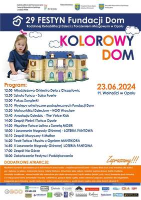 Plakat z programem Festynu; informacje dot. terminu i programu opisane są w treści komunikatu