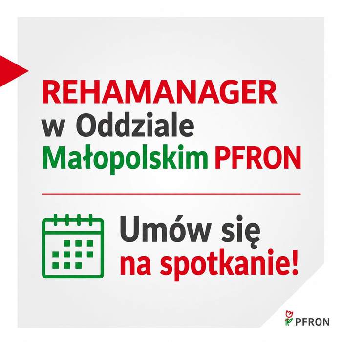 Pokaż zdjęcie: Grafika z informacją: Rehamanager w Oddziale Małopolskim PFRON, umów się na spotkanie!